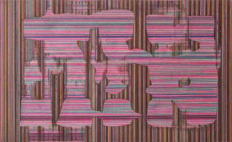 Sebast&iacute;an Gord&iacute;n, Le&ntilde;outop&iacute;a crom&aacute;tica espacial #9, 2018. Dyed veneer, plywood, copper, 14 15/16 x 24 3/8 in. (38 x 62 cm.)