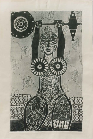 Antonio Berni, Ramona Lifting Weights (Ramona levatando pesas), 1963. Xilo-collage , 20&nbsp; x 19 5/8 in. (50.8 x 49.8 cm.)
