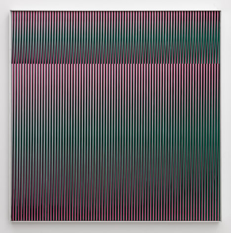 Carlos Cruz-Diez, Physichromie 888, 1974. Aluminum, silkscreen, and stainless steel, 35 x 35 x 2 in.