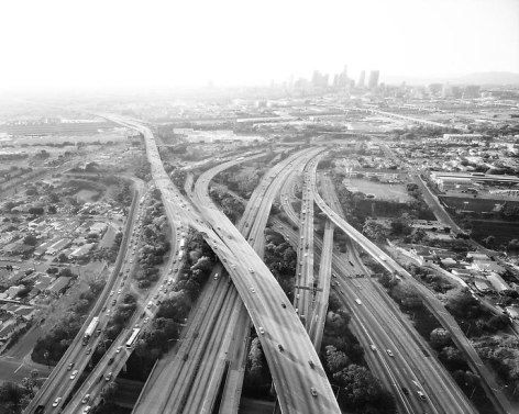 Highways 5, 10, 60 and 101 Looking West, L. A. River and Downtown Beyond, 2004, 59 x 74 in.