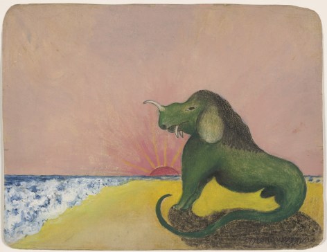 Minnie Evans&nbsp;(1892-1987),&nbsp;Green Animal,&nbsp;c. 1963, colored pencil, crayon, oil, and pencil on paper, 8 3/4 &times; 11 7/16 inches.Courtesy the Museum of Modern Art New York / Gift of Mrs. Nina Howell Starr