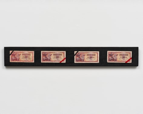 Mladen Stilinović (1947&ndash;2016), 100, 1990, banknotes and acrylic on wood panel, at Peter Freeman, Inc.