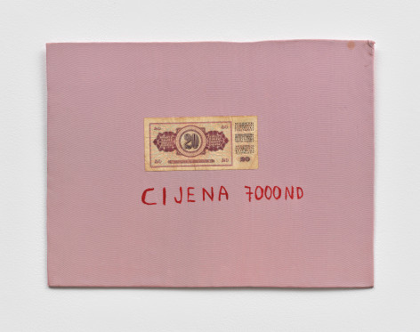 Mladen Stilinović (1947&ndash;2016), Cijena 7000 nd [Price 7000 nd], 1982, banknote and acrylic on artificial silk mounted on cardboard, at Peter Freeman, Inc.