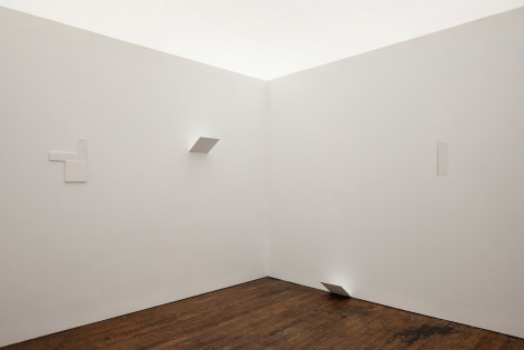 Untitled 2022 room specific ensemble of seven elements; wood, linen, paint, thread, nails