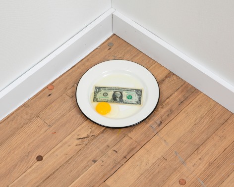 Mladen Stilinović (1947&ndash;2016), Jaja, novac [Egg, Money], 1996/2024, egg, banknote, plate, at Peter Freeman, Inc.