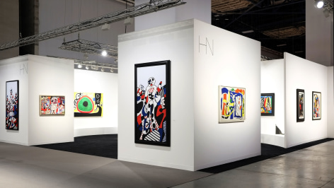 Installation view of Art Basel | Miami Beach 2017, booth A4. This photo features the outside of the booth with five paintings hung on the exterior walls. Photography by Studio MDA.  &copy; 2018 Calder Foundation, New York / Artist Right Society (ARS), New York. &copy;Helly Nahmad Gallery NY.