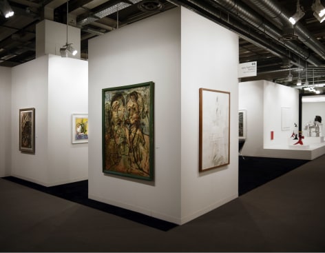 Installation view of Art Basel | Basel 2015, booth H5 featuring four paintings from afar, the front painting is by Francis Picabia and is called &quot;Halia&quot;, it is semi abstract but we can distinguish two faces, it was made in 1929 c  &copy; 2018 Calder Foundation, New York / Artist Right Society (ARS), New York. &copy;Helly Nahmad Gallery NY