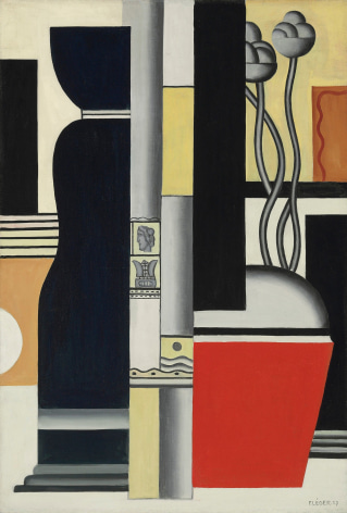 Fernand L&eacute;ger, Nature Morte, 1927 ​Oil on canvas 130.2 x 88.9 cm. (51 1/4 x 35 in.) A vertical divide bisects the canvas of Nature morte into two unequally sized sections. The presence of two objects dominates the composition: a squat red pot of flowers on the right hand side, offset on the left by the visible portion of a tall black vase. There is a related version of this composition, painted in 1926, in which the objects and their respective environments appear in reverse (Bauquier, no. 447). The flowers are ostensibly the only organic element in the present composition, yet they appear artificial; like everything else in the painting, their material substance has been reduced and purified, as if tooled and polished by means of a high-tech industrial process. L&eacute;ger has reinforced the chosen vertical format of this composition by employing numerous straight up-and-down elements, using the curved lines and contours in the flowers, pot and vase to counteract and mitigate the overall geometric rigidity of the composition. By suggesting the presence of a floor or table-top in the foreground, L&eacute;ger has created an illusion of receding space, into which the graphically flat rectilinear forms that comprise the setting fall into place, establishing the spatial schematic of an interior, with a mirror over a mantelpiece on the right, and a window at left. Contrasting objects both large and small, L&eacute;ger has affixed his images of two French postage stamps to the axial column near the center of the composition. The painter has emphasized the hardness of his forms by rendering them in an austere palette based on the stark opposition of red and black, mediated in places by pale yellow, supplemented with two diagonally opposed patches of an earthy mauve tone. There are tensions of all kinds within this canvas--nonetheless, the architectural grandeur of L&eacute;ger's overall conception steadies the composition and expresses a transcendent vision of stasis and serenity.