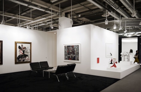 Installation view of Art Basel | Basel 2015, booth H5. This photo features two paintings from far, Pablo Picasso, &quot;Mousquetaire aux Oiseaux II&quot;, made on January 13th 1972.  The second painting is by Jean Dubuffet and is called, &quot;La Route du Pas-de-Calais, 3 September, 1963&quot; and four small standing mobile by Alexander Calder as well as a small sculpture by Jean Dubuffet called Groupe de Quatres Arbres (Etat definitif) &copy; 2018 Calder Foundation, New York / Artist Right Society (ARS), New York. &copy;Helly Nahmad Gallery NY