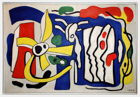 Fernand L&eacute;ger, Composition aux Trois Profils, 1937 ​Oil on canvas 89 x 130 cm. (35 x 51 1/4 in.) The contrasting of biomorphic and anthropomorphic shapes was a major concern for L&eacute;ger and is a theme which appears in a number of his most important projects of the 1930's. L&eacute;ger writes: &ldquo;The human body is of no weightier plastic interest than a tree, a plant, a piece of rock, or a pile of rope. It is enough to compose a picture with these objects, being careful to choose those that may best create a composition&hellip; There is neither an abstract picture nor a concrete one. There is a beautiful picture and a bad picture. There is the picture that moves you and the one that leaves you indifferent&hellip; If I isolate a tree in a landscape, if I approach that tree, I see that its bark has an interesting design and a plastic form; that its branches have dynamic violence which ought to be observed; that its leaves are decorative. Locked up in &lsquo;subject matter,' these elements are not &lsquo;set in value.' It is here that the &lsquo;new realism' finds itself&rdquo; (F. L&eacute;ger, The New Realism Goes On, 1936, quoted in C. Lanchner, Fernand L&eacute;ger (exhibition catalogue), Museum of Modern Art, New York. 1998, p. 139).   The contrast of the human and the bioplasmic first appears in L&eacute;ger's work in Femme et fleur of 1926, but it does not become a predominant theme until the 1930s. The present work belongs to L&eacute;ger's most abstract series founded on this contrast, and it anticipates the artist's development over the next decade. His fascination with the composition intensified in 1937, a highly productive year in which he made seven variations of the painting. The present painting &ndash; and the other versions from that year &ndash; have an unprecedented complexity of form, exuberance of movement and brilliance of color.