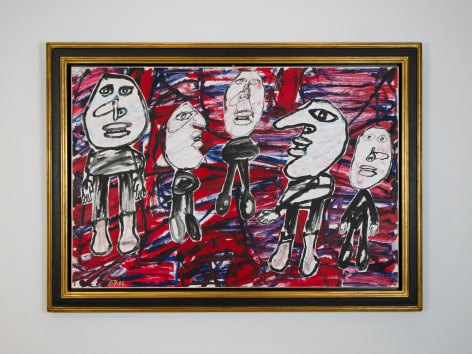 This is an installation view that shows a painting and its frame by Jean Dubuffet produced in 1982 titled Lieu Frequente.
