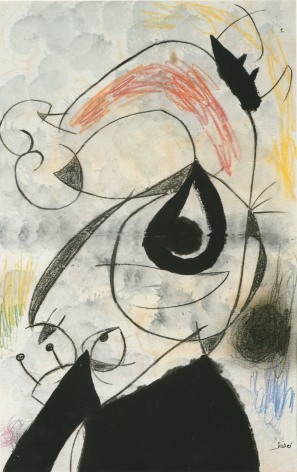 Joan Mir&oacute;, Personnages, Oiseaux, 1973 Thinned oil, brush and India ink, wash, pastel and wax crayon on paper 99.3 x 64.4 cm. (39 1/8 x 25 5/8 in.) &copy;Helly Nahmad Gallery NY