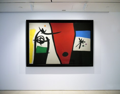 Installation view of Selected Works by 20th Century Masters featuring Joan Mir&oacute;'s painting, Femme &agrave; la voix de rossignol dans la nuit, 1971 Oil and acrylic on canvas 129.7 x 194.3 cm. (51 1/8 x 76 1/2 in.) Photography by Bianca Boragi. &copy;Helly Nahmad Gallery NY.