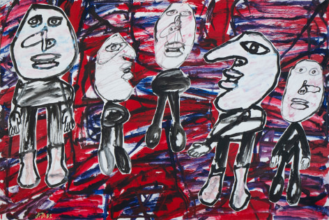 this is a photo of Jean Dubuffet's acrylic and paper collage titled &quot;Lieu Fr&eacute;quent&eacute;&quot;, produced in 1982. It shows five characters depicted very simply over an abstract background painted in red blue and black tones.