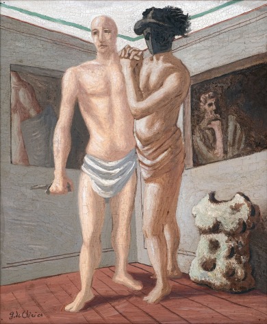 Giorgio de Chirico, Scuola di Gladiatori, 1927 Oil on canvas 55 x 46 cm. (21 5/8 x 18 1/4 in.) &copy;Helly Nahmad Gallery NY