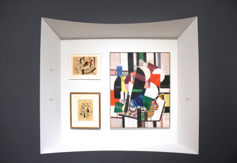 Installation view of The Climax of Cubism, booth 301 at TEFAF Spring 2019. &copy;Helly Nahmad Gallery NY. Photography by Studio MDA.  This photo features two drawings by L&eacute;ger, Composition aux El&eacute;ments M&eacute;caniques ( Composition with Mechanical Elements), 1917, the second drawing is Etude pour le Remorqueur (Study for the Tugboat), 1917, the painting on the right is &quot;Les Femmes a la Toilette&quot;, 1920.
