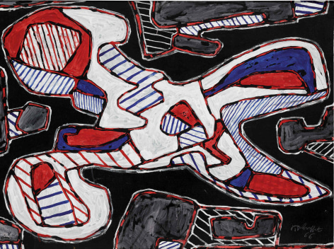 Jean Dubuffet, Ciseaux I, 1966. A tangled web of red, white, and blue patterns are cut and spliced from multiple aerial perspectives into a single unified construction, revealing a unique vision of a pair of scissors in Jean Dubuffet&rsquo;s remarkable Ciseaux I. Executed in 1966, it is a highly accomplished large-scale example of the artist&rsquo;s celebrated Ustensiles Utopiques paintings, in which he applied his signature l&rsquo;Hourloupe style to a series of ubiquitous, everyday objects.