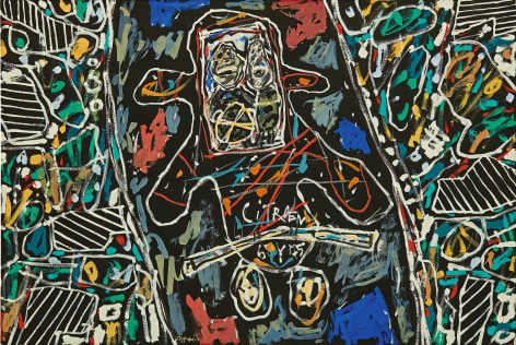 Jean Dubuffet, Les Vacances au Pas-de-Calais, 1973. It is painted with gouache on paper. We can distinguish amongst white lined circles of colors in the background a center piece that can be perceived as a car ( a Citr&ouml;en) zooming on a road with a couple driving it.