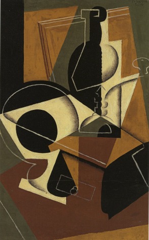 Juan Gris, Moulin &agrave; Caf&eacute; et Bouteille, 1917 Oil on board laid down on cradled panel 61 x 38 cm. (24 x 15 in.) This painting is in brown yellow bordeaux and black tons, it represents in a cubist manner a bottle and a coffee grinder.