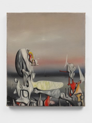 This is a painting by Yves Tanguy titled LUMEN. Populated by evocative biomorphic shapes, this work is characteristic of the artist's enigmatic landscapes and abandoned fields representing an alternative, fantastic world.