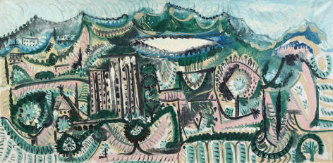 Pablo Picasso painted 'Paysage' in 1965. It is part of a group of half a dozen consecutive horizontal canvases of the period showing the countryside around his new home at Mougins