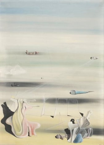 This is a painting by Yves Tanguy. In his work, the landscape of &ldquo;beings-objects&rdquo; imagined from the discharges of the sea, presents fascinating forms, in a dreamlike composition constructed by diagonals, the fruit of chance and the work of the unconscious.