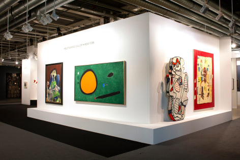 Installation view of Art Basel | Basel 2019, booth H5. &copy;Helly Nahmad Gallery NY. Photography by Studio MDA. This photo features the left side of the booth. The focus is a large scale pai nting by Joan Miro and a sculpture by jean Dubuffet.