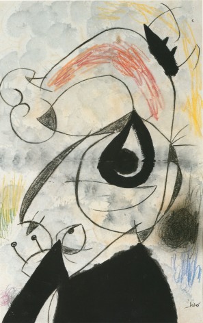 Joan Mir&oacute;, Personnages, Oiseaux, 1973 ​Thinned oil, brush and India ink, wash, pastel and wax crayon on paper 99.3 x 64.4 cm. (39 1/8 x 25 5/8 in.)