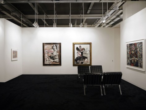 Installation view of Art Basel | Basel 2015, booth H5 featuring four paintings, from left to right, we can see from far, Jean Dubuffet, La Congratule, made in 1962, the materials are watercolor on paper, the size is  49.8 x 66.7 centimeters. (19 5/8 x 26 1/4 inches.). The second painting is by Pablo Picasso it is called, &quot;Homme &agrave; la pipe et nu couch&eacute;&quot; (Men laying down with a pipe), it was made in 1967, the materials are, oil on canvas 146 x 114 centimeters. (57 1/2 x 44 7/8 inches.) The third painting is by Pablo Picasso also and is called &quot;Mousquetaire aux Oiseaux II&quot;, 13 January 1972, it was made in 1972, the materials are iil on canvas, the size is, 146 x 114 centimeters. (57 1/2 x 44 7/8 inches.) The last painting on the right is by Jean Dubuffet, it is called, &quot;La Route du Pas-de-Calais&quot;, and was made on September 3rd 1963, the materials are oil on canvas, the size is 114 x 146 centimeters. (45 x 57 1/2 inches.) &copy;Helly Nahmad Gallery NY