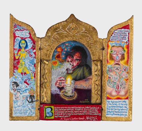 A Scab Vendor Contemplates Narcisa, 2015, Acrylic on found triptych icon