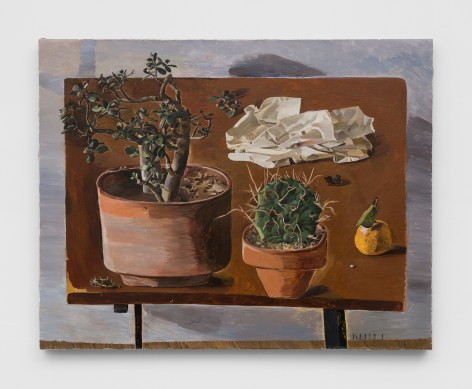 Kent O&#039;Connor, Objects on a table stretched on the edge of the canvas as it were the canvas itself, 2021