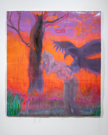 When They Roost On Hollow Men, 2019, Oil, acrylic, spray paint, and watercolor pencil on tiled sheets of paper glued to canvas
