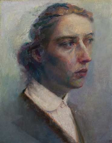 Paul Fenniak, Portrait of Mich&egrave;le Fenniak, 2018, oil on wood, 14 x 11 inches