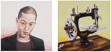 Megan Rye, Jason Wu / Sewing Machine (diptych), 2018, oil on canvas, 8 x 8 inches, each canvas