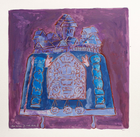 Mark Podwal, Shtetl (SOLD), 2008, acrylic, gouache and colored pencil on paper, 12 x 12 inches