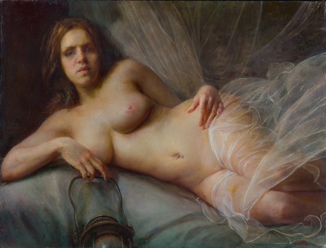 steven assael, Reclining Bride with Lantern (SOLD), 2012, oil on board, 18 x 24 inches