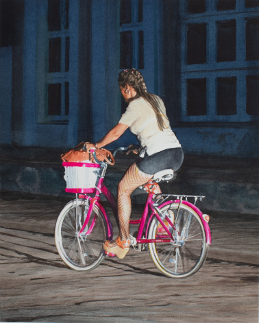 Rance Jones, Bicicleta Rosada, 2023, watercolor on paper, 12 1/2 x 10 inches