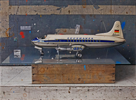 cesar galicia, Lufthansa (SOLD), 2012, mixed media on board, 17 1/2 x 24 inches