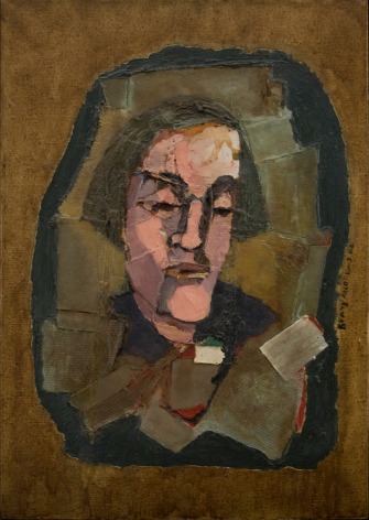 Benny Andrews, Poet, 1962, oil and collage on canvas, 25 x 17 1/2 inches