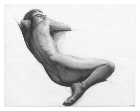 Steven Assael, Figure Reclining with Glasses, 2013, graphite and crayon on paper, 14 x 18 inches