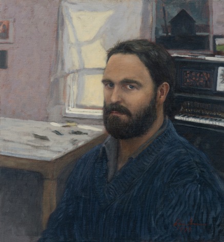 Linden Frederick, Self Portrait with Piano (SOLD), 1993, oil on linen, 13 x 14 inches