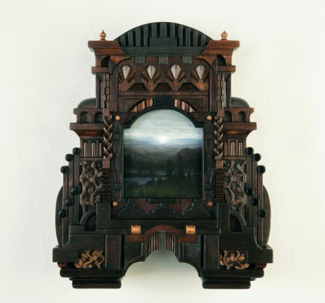 holly lane, Night Singing (SOLD), 2016, acrylic on panel, carved wood, 14 3/4 x 12 x 4 3/4 inches