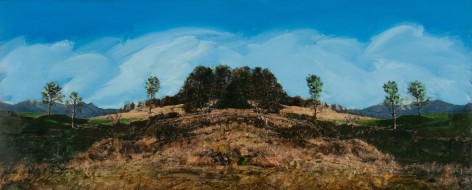 Gregory Gillespie, Bright and Cloudy, 1997, oil on wood, 12 x 28 3/4 inches