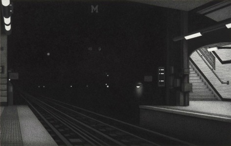 anthony mitri, 12:57 a.m., Metro, Paris (SOLD), 2011, charcoal on paper, 15 x 22 3/4 inches