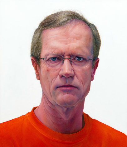 William Beckman, Self-Portrait (orange shirt), 2003, oil on panel, 18 1/2 x 16 1/4 inches, Collection of J.S. Cole, Lake Forest, IL