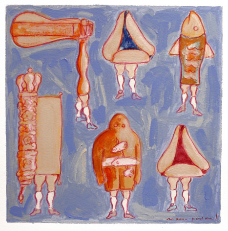 mark podwal, Prague Purim Costumes, 2008, acrylic, gouache and colored pencil on paper, 12 x 12 inches