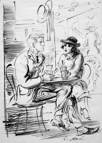 Reginald Marsh, Man and Woman Seated at a Cafe, pen &amp;amp; ink on paper, 10 x 8 inches
