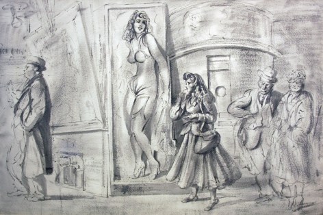 Reginald Marsh, Coney Island - Girl Lighting Cigarette with Three Figures, c. 1945 -1950, Chinese ink on paper, 26 x 39 inches