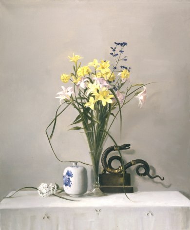Raymond Han, Day Lilies, Aconite and Serpent (SOLD), 2004, oil on canvas, 48 x 40 inches