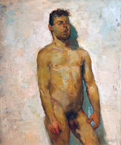 David Levine, Male Nude, nd, oil on panel, 9 3/4 x 8 1/8 inches